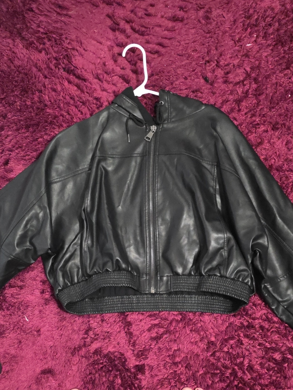 Black Faux Leather Bomber Jacket with Hood